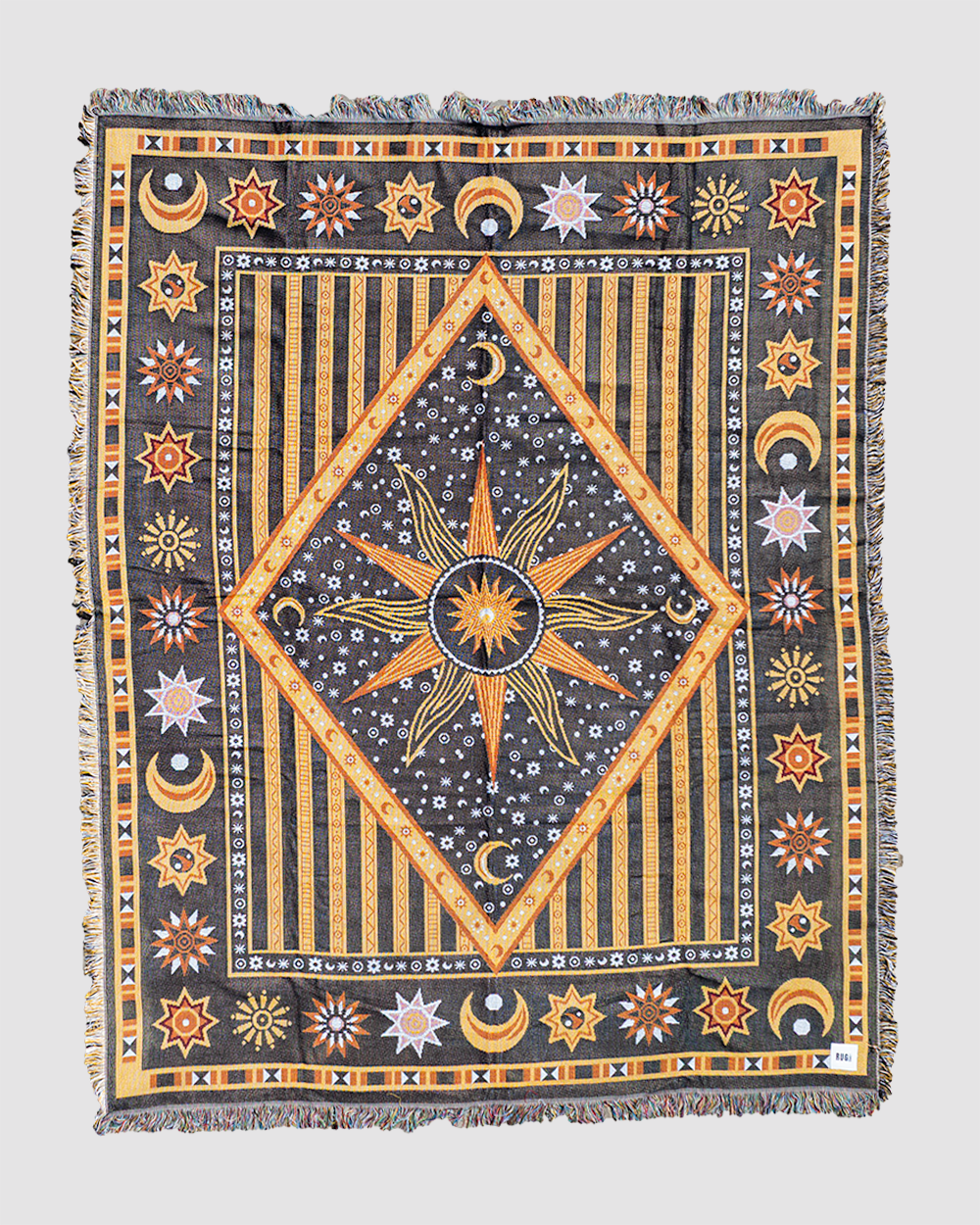 Astral Plane throw featuring celestial patterns in black and yellow